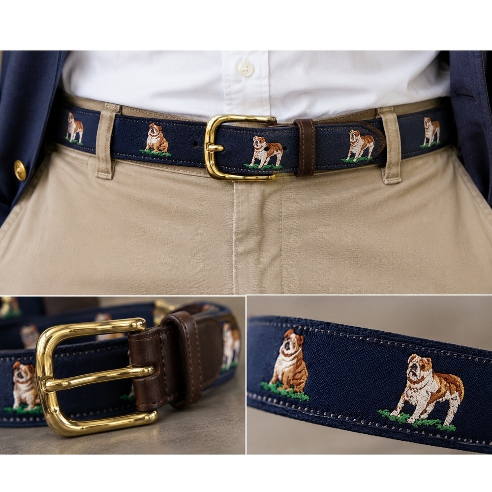 Alynn Mens Navy Blue Canvas Leather Bulldog Embroidered Surcingle Belt 29-42 Adj